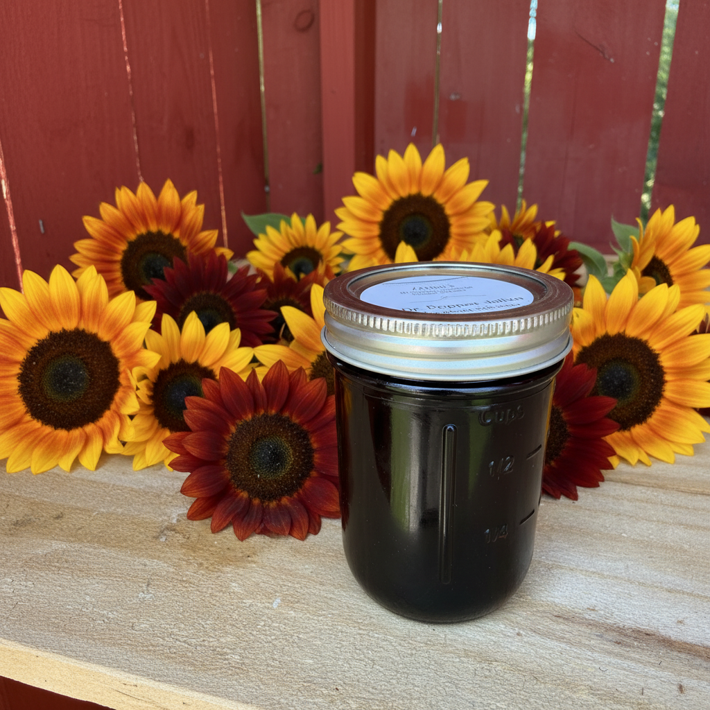 Zanne's Farm Dr Pepper Jelly half pint jar with scattered multicolored sunflowers on rustic wood with red fence background