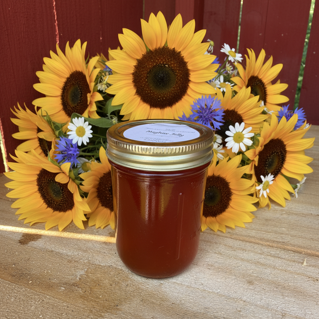 Zanne's Farm Mayhaw Jelly half pint jar with sunflowers