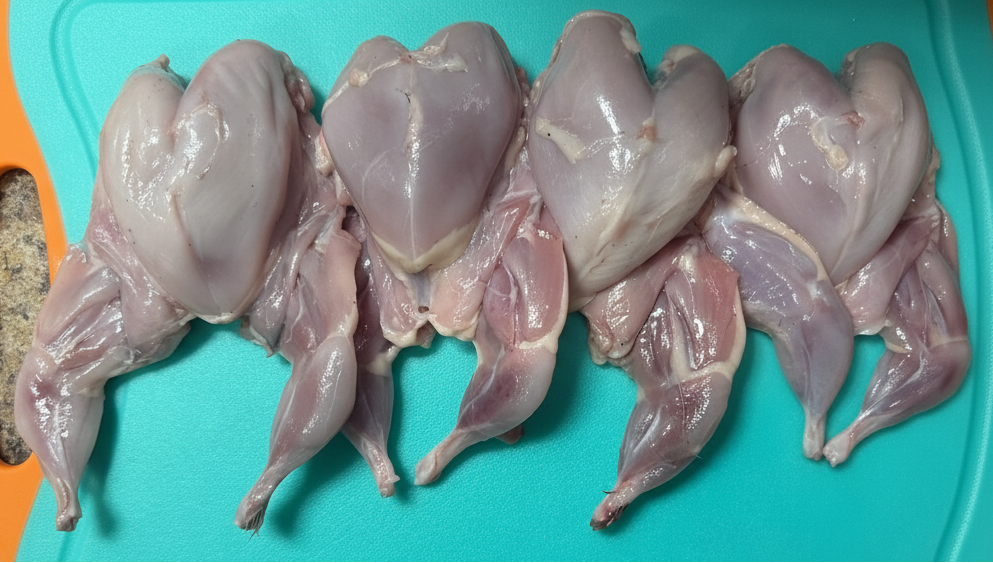 4 fresh whole quail displayed on a teal cutting board