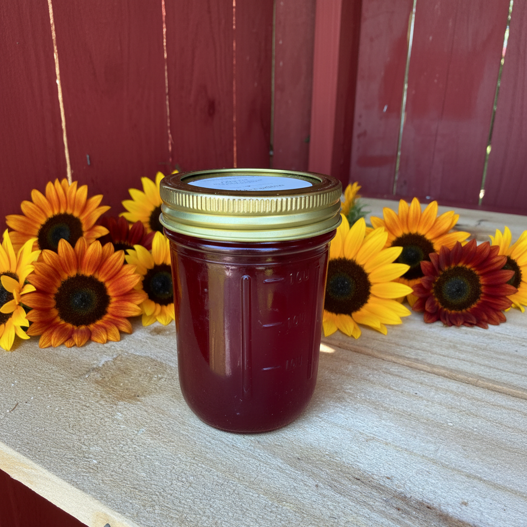 Zanne's Farm Muscadine Jelly half pint jar with scattered multicolored sunflowers on rustic wood with red fence background
