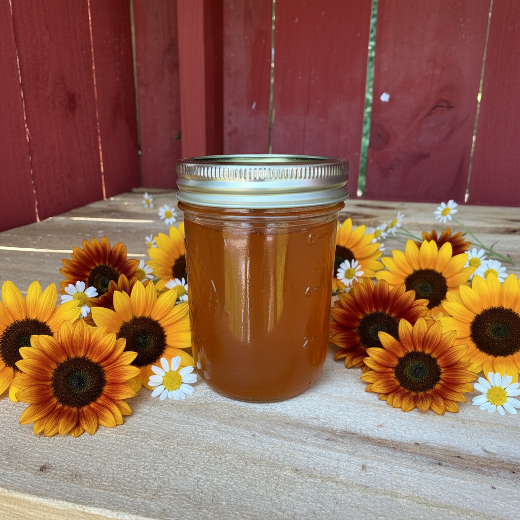 Zanne's Farm White Grape Jelly half pint jar with scattered multicolored sunflowers and daisies on rustic wood with red fence background