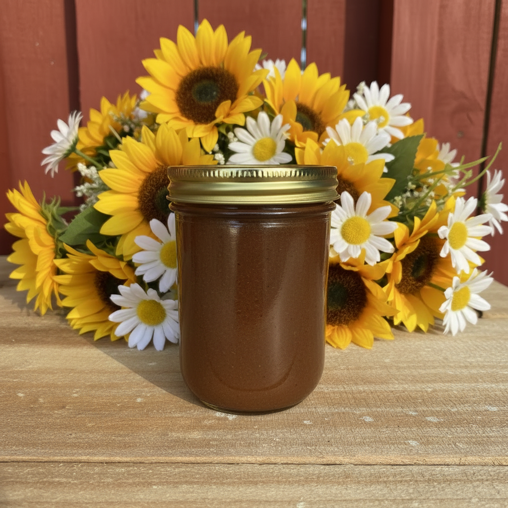 Zanne's Farm Spiced Pear Jam half pint jar with sunflowers and daisies, no label