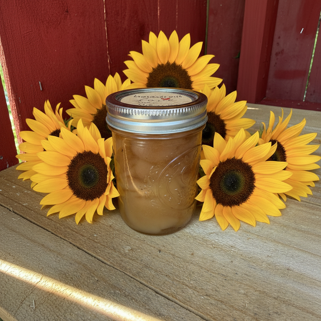 Zanne's Farm Pear Preserves half pint jar with sunflowers on wooden surface and red fence background