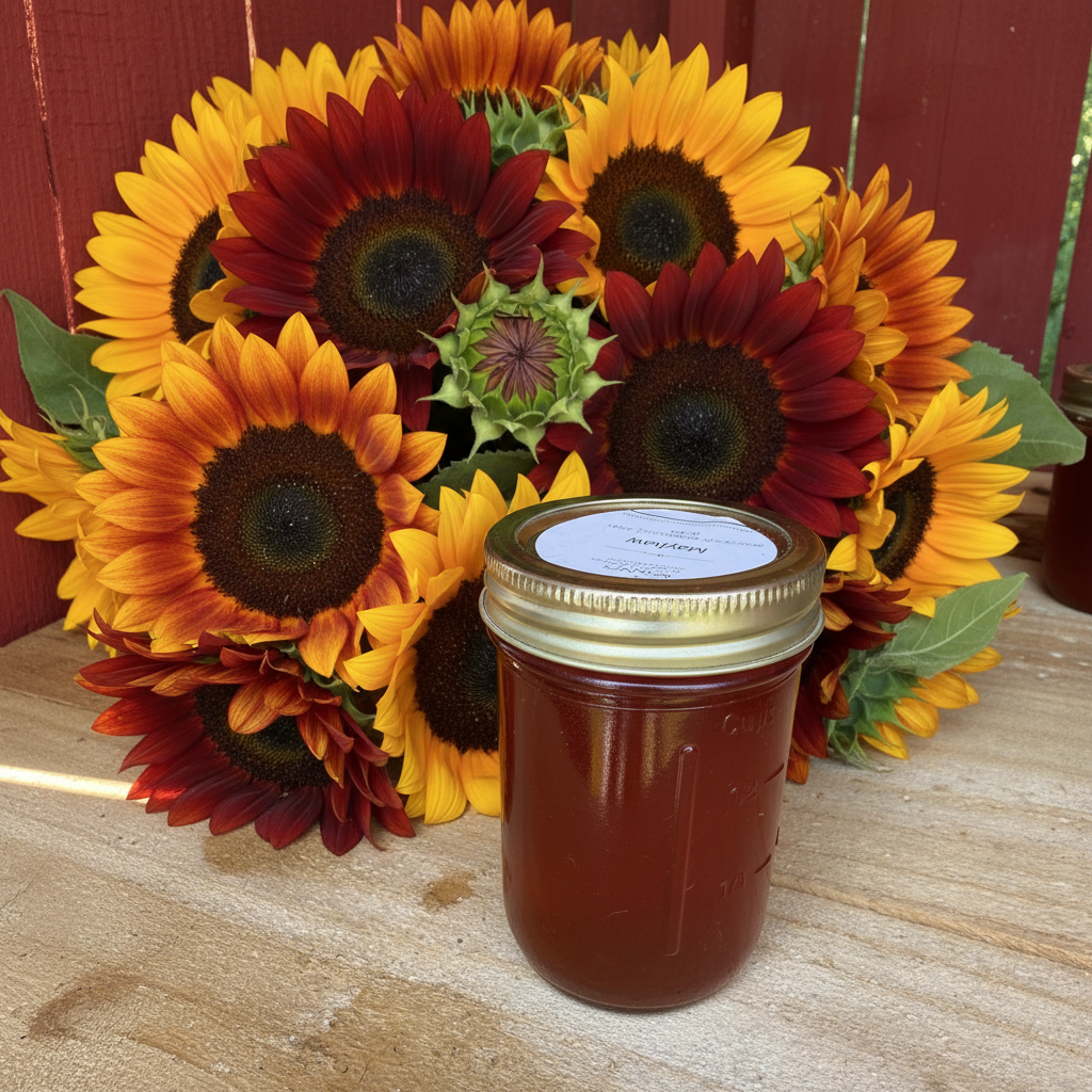 Zanne's Farm Mayhaw Pepper Jelly half pint jar with multicolored sunflowers